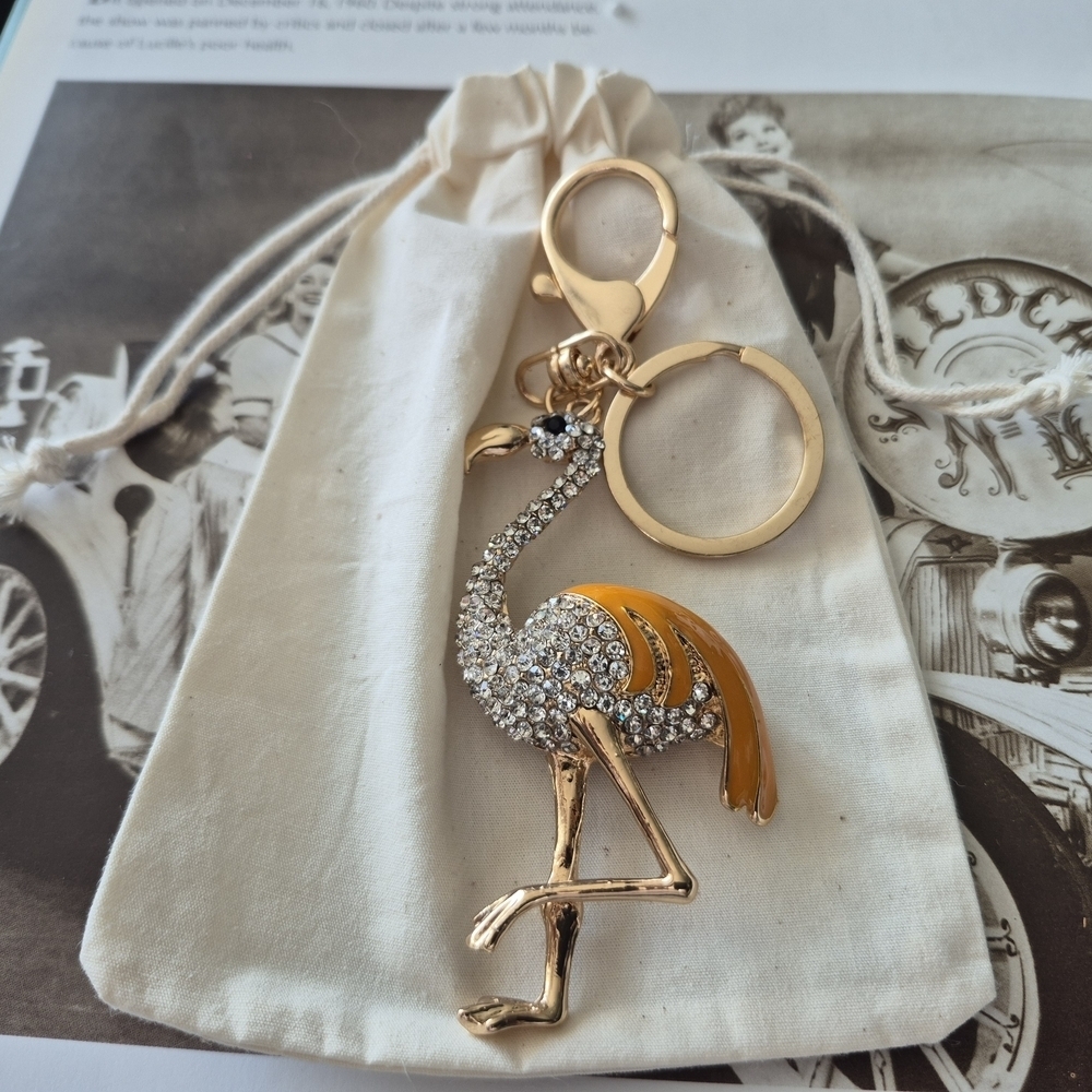 Gold And Caramel .Flamingo Keychain / Purse Charm Encrusted With Rhisnestones - Picture 1 of 7